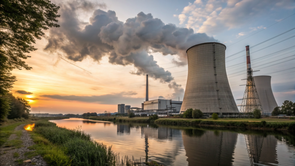 Centrale nucléaire avec tours de refroidissement et vapeur blanche au coucher du soleil, illustrant le fonctionnement de l'énergie nucléaire en France