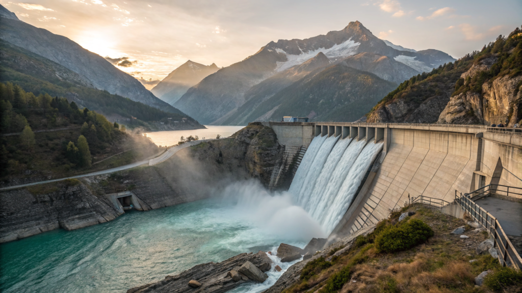 Barrage hydroélectrique alpin français au lever du soleil, illustrant le fonctionnement de l'énergie hydraulique en France
