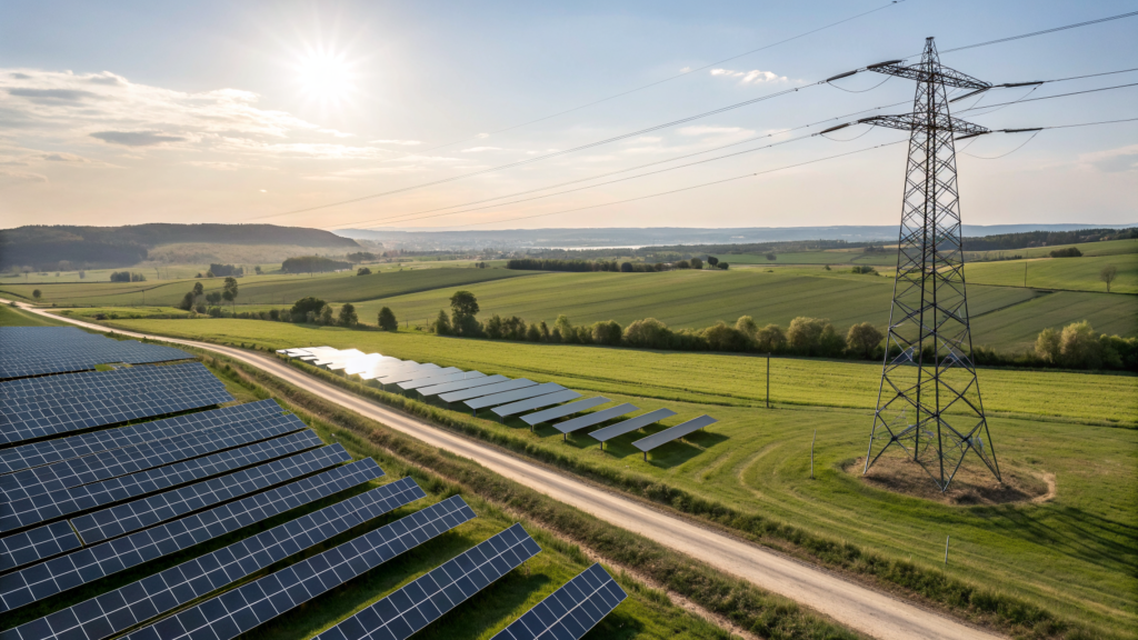 Prix négatif électricité : champ de panneaux solaires en plein soleil de midi devant un pylône à haute tension