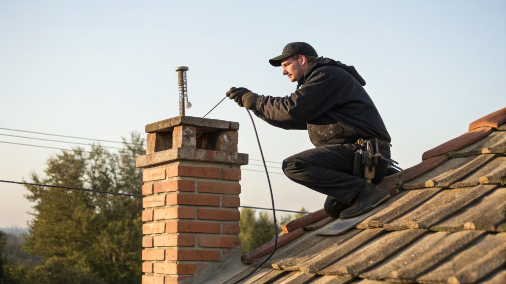 Ramonage obligatoire : un professionnel engage une tige souple dans le conduit de fumée sur le toit d'une maison