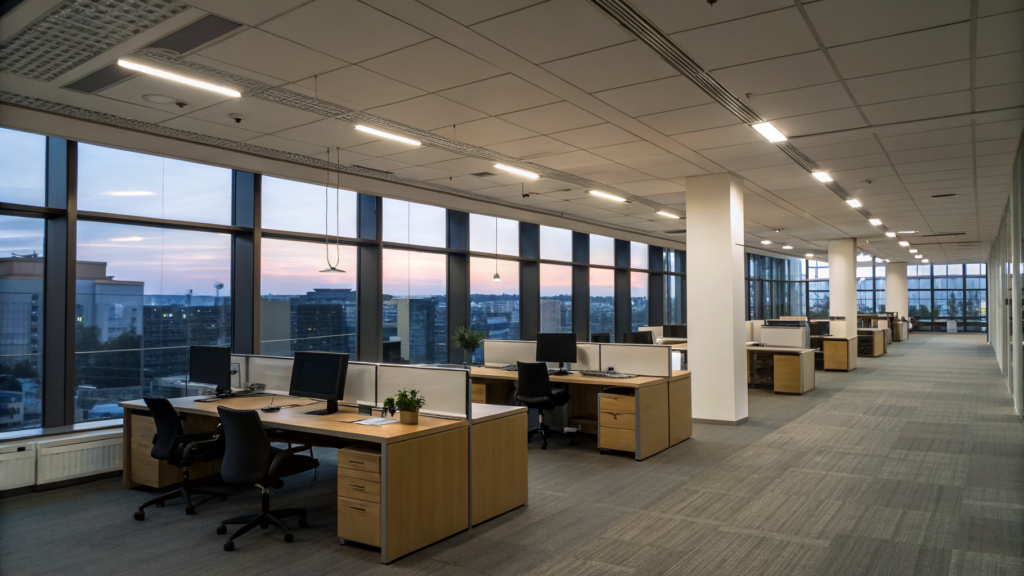 Déclaration OPERAT : immeuble de bureaux tertiaire éclairé à la tombée du jour