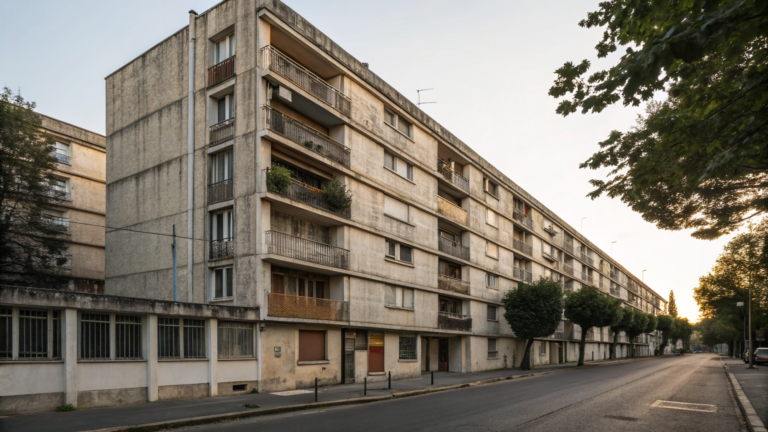 Plan pluriannuel de travaux : façade d'un immeuble en copropriété des années 1970 montrant des signes d'usure