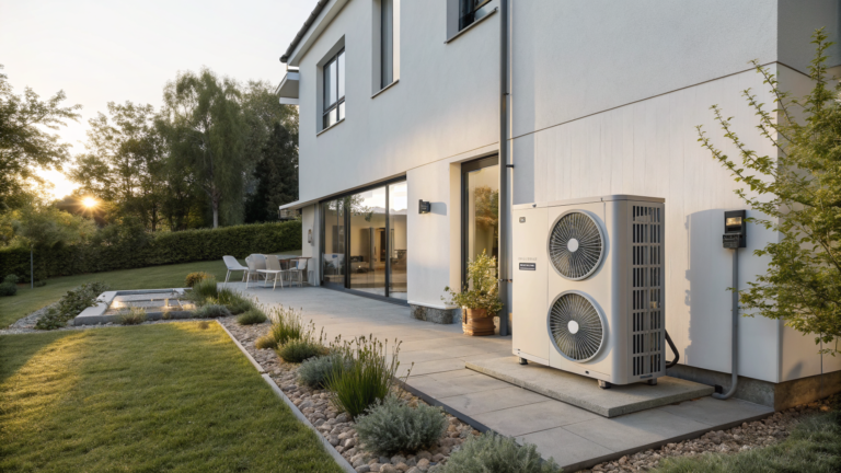 Agrément transitoire pompe à chaleur : unité extérieure air/eau installée contre une maison