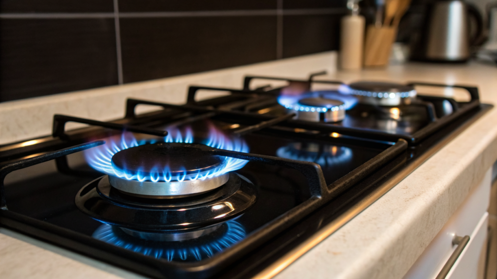 Augmentation prix gaz 2026 : flamme bleue d'un brûleur à gaz sur une plaque de cuisson