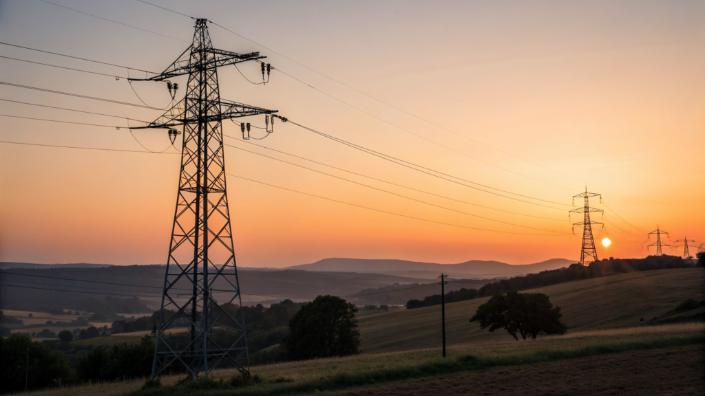 Éclipse du 12 août 2026 : ligne à haute tension sous un ciel de crépuscule